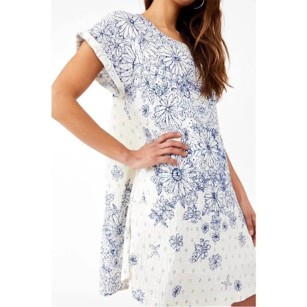 Free People Pinwheel Cream Blue Floral Print Open Back Gauze Mini Dress Medium